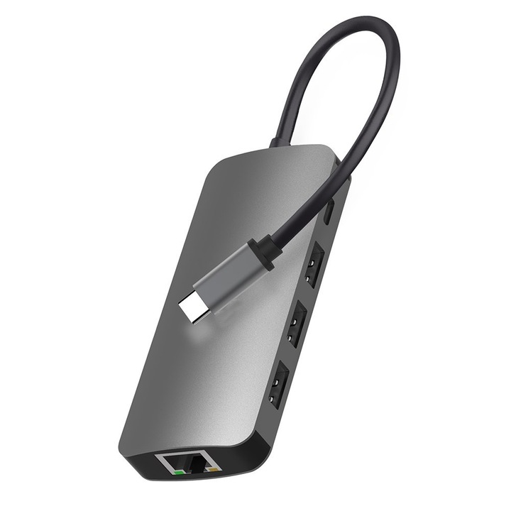 Преходник Zik 8 in 1, USB Type-C - 3 x USB 3.0, 1x USB Type-C, 1x HDMI, 1x RJ45, 1x TF/SD Card, сив