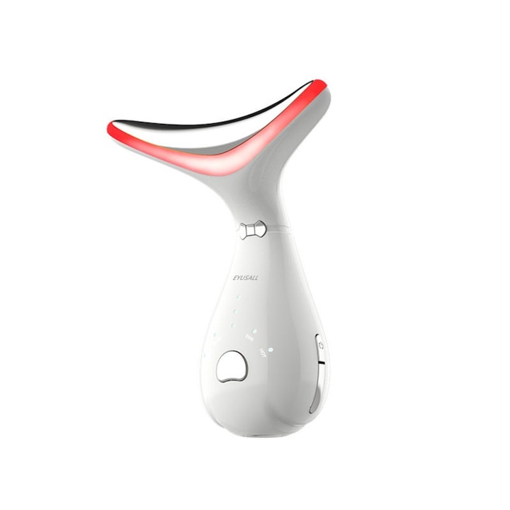 Уред за лице, за премахване на бръчки и грижа за зоната на шията, EYUSALL, 3 цветни режима, мултифункционален, функция за отопление, масаж, вибрация, лифтинг, ефект против стареене, EMS токове, бял