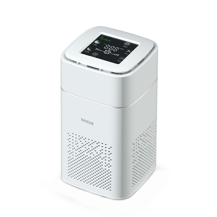 Purificator de aer, NAXSIR, Lampa UV, Filtru HEPA si Carbon, Display LED, 3 trepte de viteza, Ionizare, pentru spatii cu suprafete intre 8-20 mp, Alb