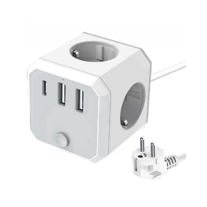 Cube Extender с USB,4 гнезда,2xUSB,1xType C, Бързо зареждане, защита от пренапрежение,100V-250V/16A,4000W, бутон за включване/изключване,1.8M кабел, бял/сив
