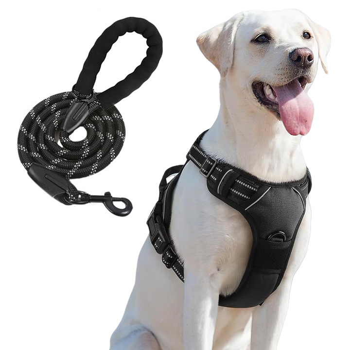 Комплект нагръдник и каишка за средни и големи кучета, със светлоотразителни ленти, регулируем нагръдник и каишка 1,5 x 12 mm, черен, L
