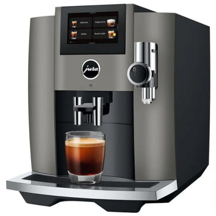 Espressor automat Jura S8 Sweet Foam Dark Inox, 1450W, 15 bar, sistem automat spumare lapte, 27 bauturi, rezervor apa 1.9l, recipient cafea 280g, Wi-fi Connect, argintiu inchis