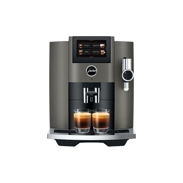 Автоматична еспресо машина Jura S8 Sweet Foam Dark Inox, 1450W, 15 bar, автоматична система за разпенване на мляко, 27 напитки, резервоар за вода 1.9l, контейнер за кафе 280g, Wi-fi Connect, тъмно сребристо