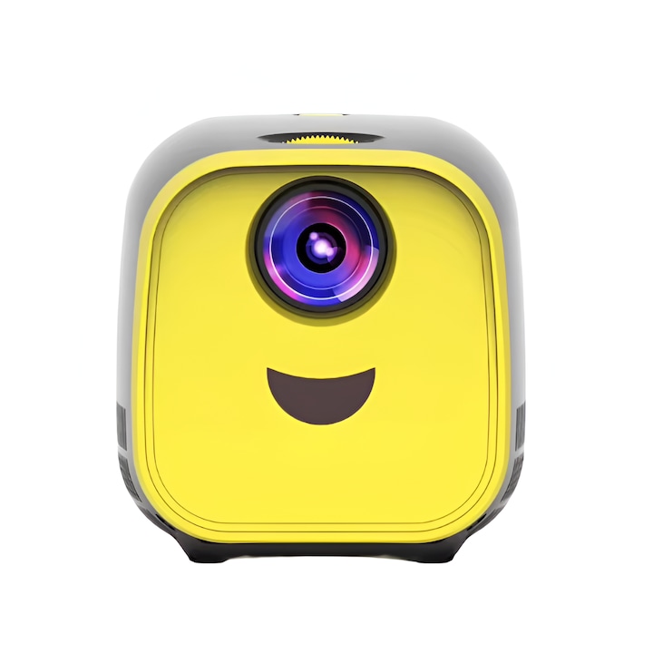 Videoproiector portabil PetraBliss, Educational, Rezolutie1920 x 1080 Full HD, Functie de proiector Home Cinema, HDMI, USB, HDTV, DC in, TF slot, Stereo, Distanta proiectare 2.8 m, Meniu lb romana, Telecomanda, Design atractiv pentru copii, Galben