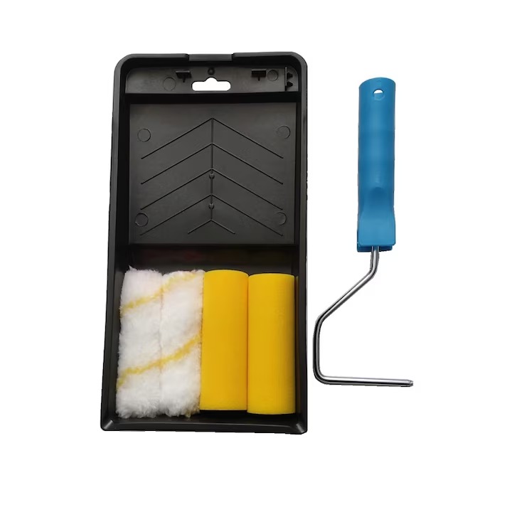 Set trafalet de 10cm, cu 4 rezerve si tavita, din poliacril si burete pentru aplicare varuri, vopsele si amorse