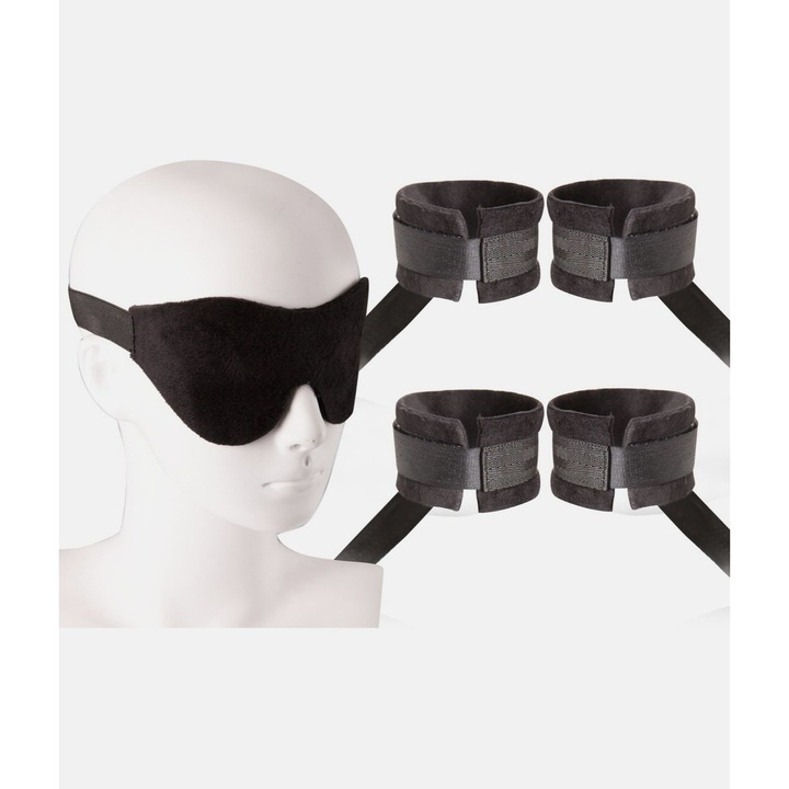 BDSM комплект Guilty Pleasure, 2 чифта белезници, Маска за очи, Найлонови каишки, Черен