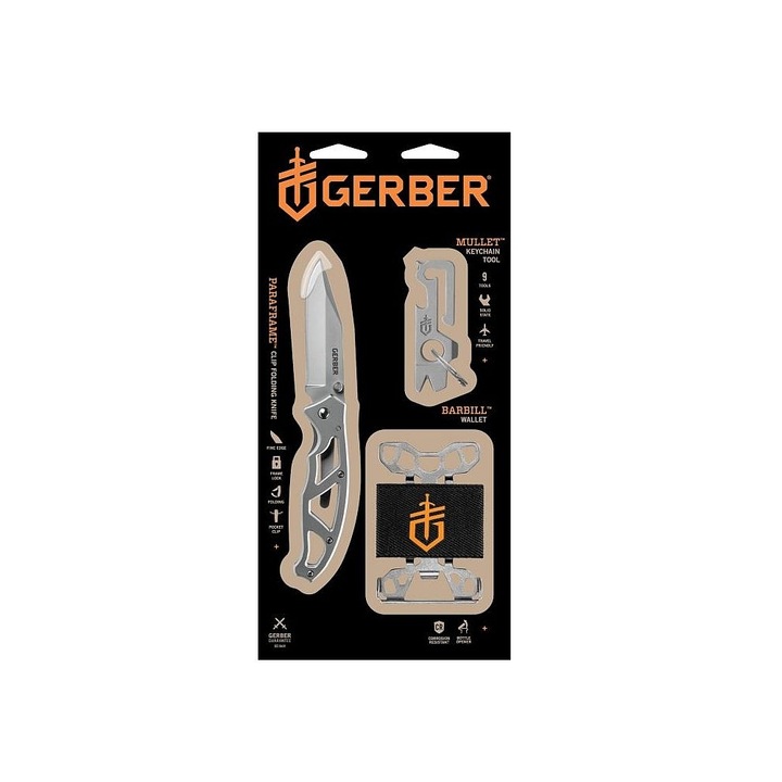 Set cutit cu breloc si portofel Barbill, Gerber, Inox, 15.25cm, Multifunctional, Argintiu