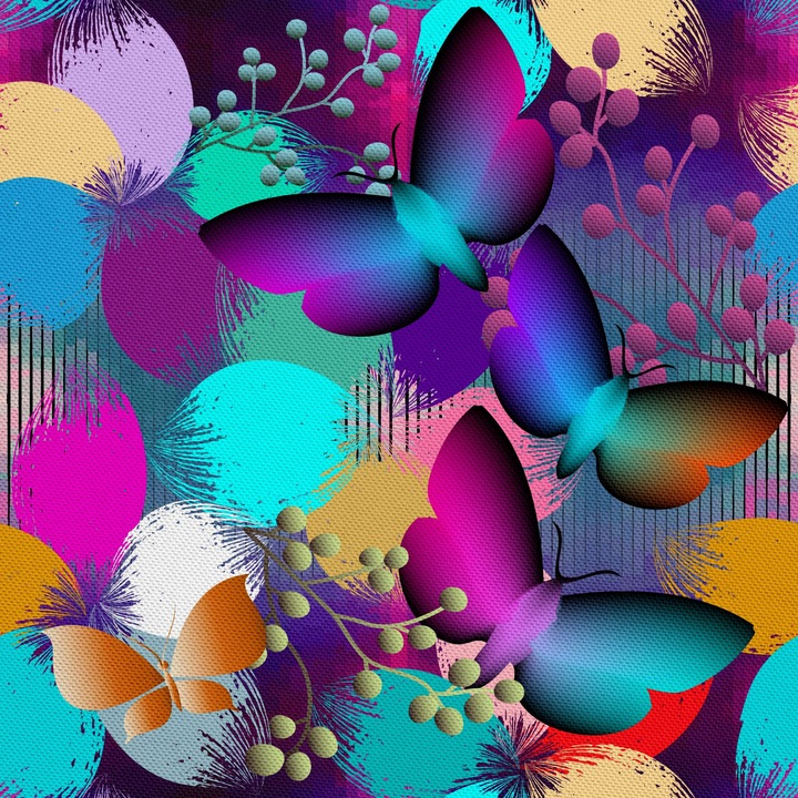 Material textil, Flori colorate sI fluturi, Poliester 100%, 210g/pm, Dimensiune: 100cm x 155cm