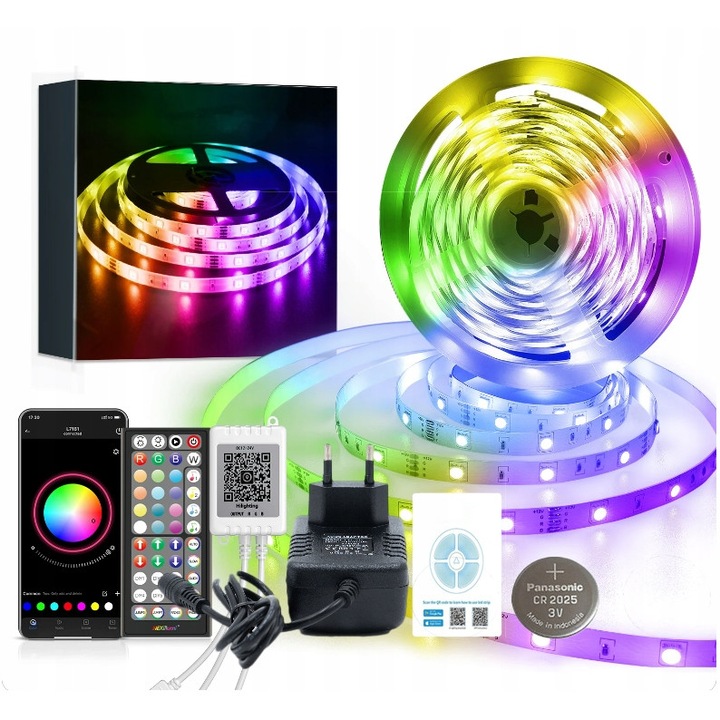 Banda LED RGB 5050, 6 metri, Control prin Aplicatie Bluetooth, Pilot Muzical, Set 12V 30LED/m, Functia de reglare a intensitatii luminii, Inclus Controler Bluetooth/IR si Alimentator