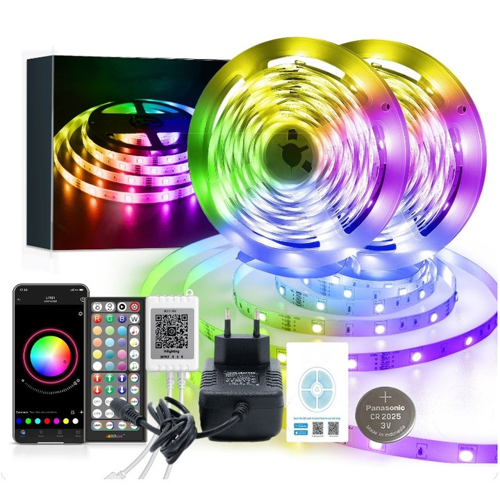 Kit Banda LED RGB, 15m, 5050, Control prin Aplicatie Bluetooth, Sincronizare Muzica, 30LED/m, 12V, Telecomanda IR, Alimentator, Aluminiu, Lungime 15 metri