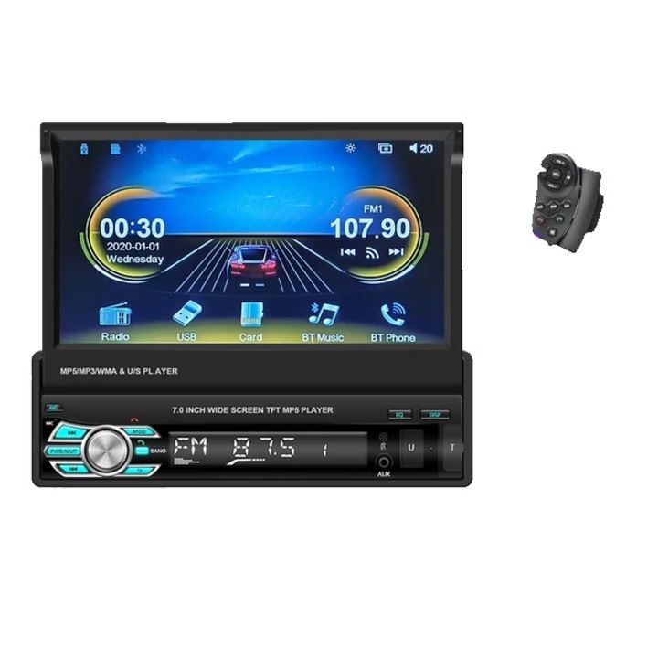 Autós multimédiás rendszer, 7 hüvelykes behúzható képernyő, Carplay, kormánykerék, Bluetooth, Android Auto, Mirror Link