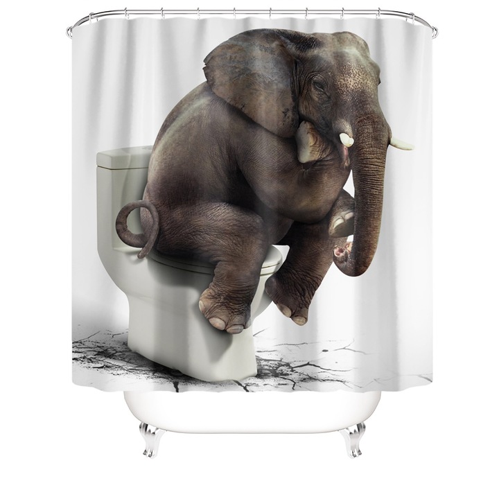 Perdea de dus impermeabila cu imprimeu digital animal, anti-mucegai, lavabila, cu inele incluse, Elefant