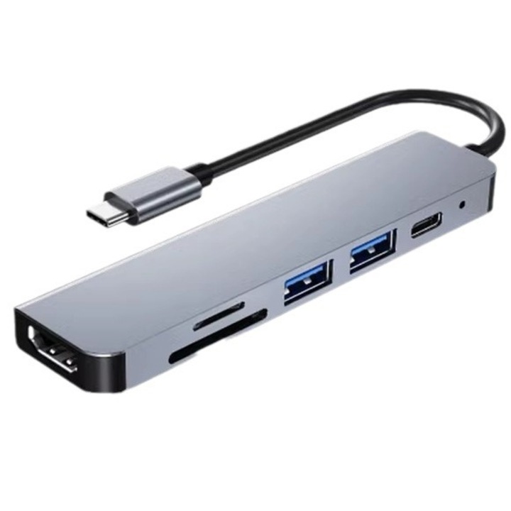 Adaptor multiport digital AV USB-C, 6 in 1, 4K HDMI, sloturi SD/TF, porturi USB 3.0 & 2.0