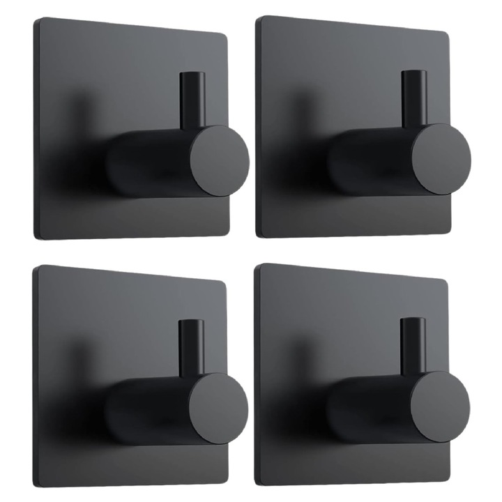 Cuiere Autoadezive 3M Ultra-Resistente MONDESA®, Montare Fara Gaurire, Design Modern, Otel Inoxidabil, Finisaj Negru Mat, Set 4 bucati