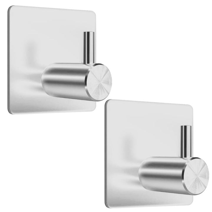 Cuiere Autoadezive 3M Ultra-Resistente MONDESA®, Montare Fara Gaurire, Design Modern, Otel Inoxidabil, Finisaj Crom Mat, Set 2 bucati