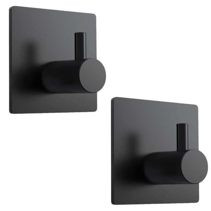 Cuiere Autoadezive 3M Ultra-Resistente MONDESA®, Montare Fara Gaurire, Design Modern, Otel Inoxidabil, Finisaj Negru Mat, Set 2 bucati