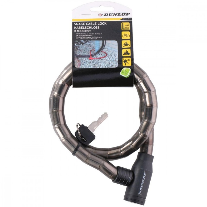 Dunlop Spirál kerékpárzár 18mmx80cm kulccsal fekete