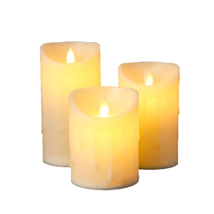 Set 3 lumanari iluminate cu led, cu Telecomanda, 7.5x10/12.5/15cm, Flacara simulata, economisire energie, componente plastice/electronice, Vaxiuja, alb fildes