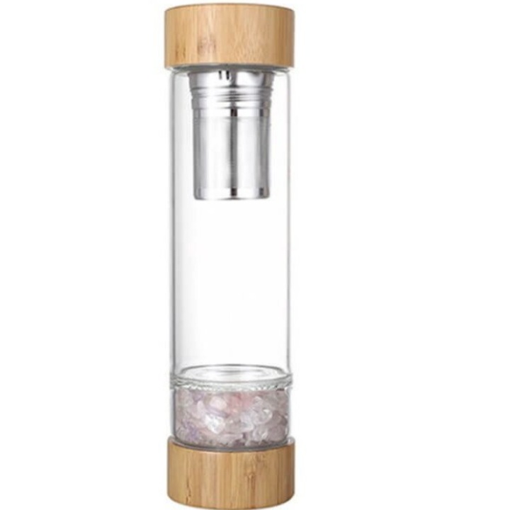 Sticla de apa Wellness cu Cristale naturale detasabile si Capac din Bambus, 550ml, infuzor de ceai din otel inoxidabil pentru Ceai, Sucuri, Apa infuzata - Cuart Roz