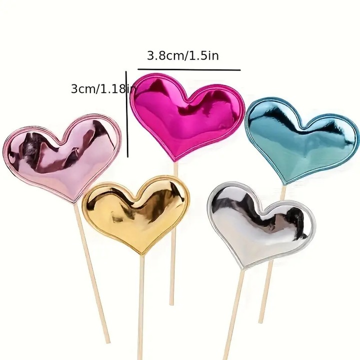 Inima Multicolora Decoratiuni tort inserabil in forma de inima, bat de lemn, 10 buc ...