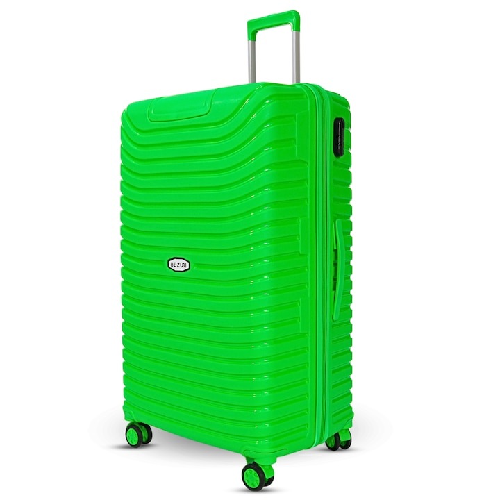 Куфар Bezubi Easy Travel, ръчен багаж, 55x40x20, обем 44 литра, телескопична дръжка, 4 безшумни двойни колела, въртене на 360 градуса, затваряне с цип и цифри, разделяне с джоб, гъвкав нечуплив PP материал, зелен