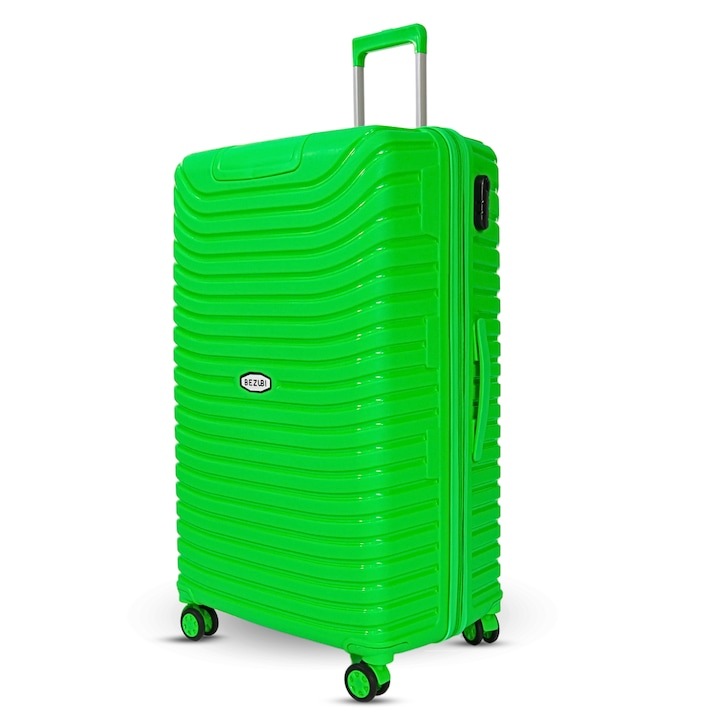 Среден куфар Bezubi Easy Travel, ръчен багаж, 71x44x32, обем 88 литра, телескопична дръжка, 4 безшумни двойни колела, въртене на 360 градуса, затваряне с цип и цифри, разделяне с джоб, гъвкав нечуплив PP материал, зелен