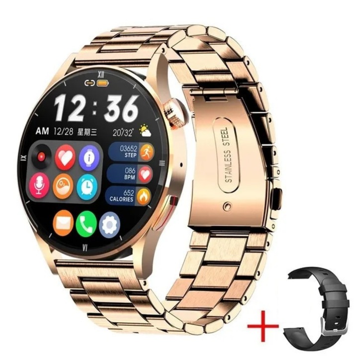 Ceas Smartwatch DAMAR, Ecran IPS LCD, Android/iOS, Bluetooth 5.1 HD, Curea metalica /Silicon neagra, Elegant/Sport, Memento apeluri primite, Notificare de mesaje, Tensiune arteriala/Somn/Frecventa cardiaca/Oxigen din sange, Ecran TFT, Rezistent la apa