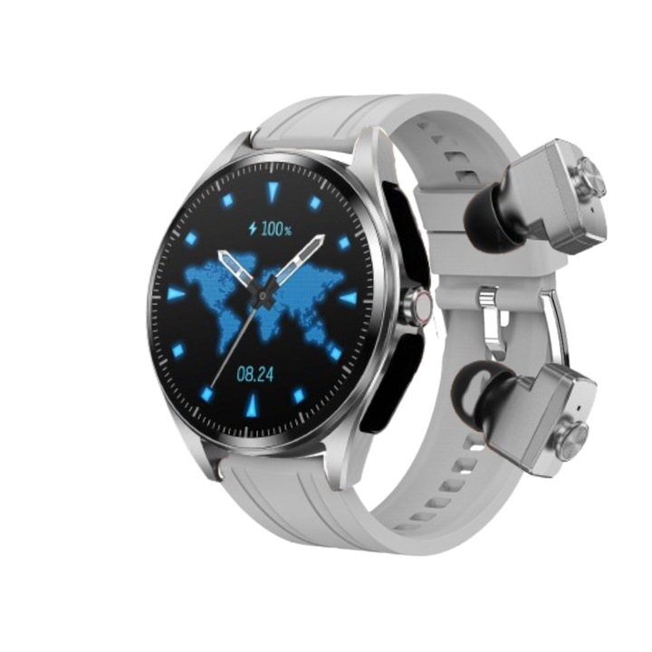 Смарт часовник ZEEVOS с вградени TWS bluetooth слушалки, HD bluetooth разговори, известия, хендсфри функция, 4 GB вътрешна памет, наблюдение на физическата активност, мултиспорт, пулс, кръвно налягане, крачкомер, калории, сива силиконова гривна
