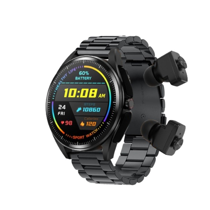 Смарт часовник ZEEVOS F26 с вградени TWS bluetooth слушалки, bluetooth разговори, известия, хендсфри функция, 4 гига вътрешна памет, наблюдение на физическата активност, мултиспорт, пулс, кръвно налягане, крачкомер, калории, черна метална гривна
