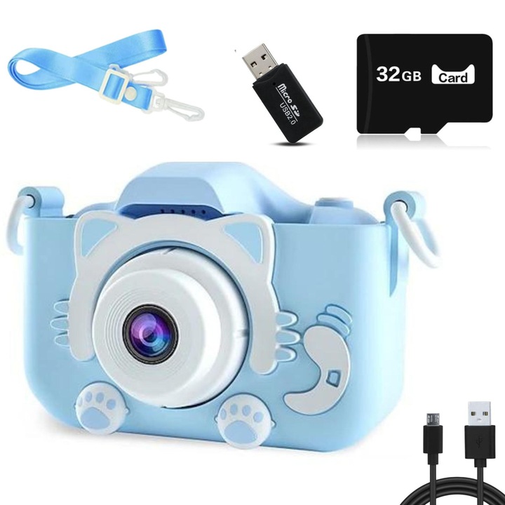 Aparat Foto Digital pentru Copii Madynik™, HD 1080P, Display IPS cu Protectie pentru Ochi, Cablu USB, Stickere, Husa de Silicon si Card Memorie 32GB incluse, culoare Albastru