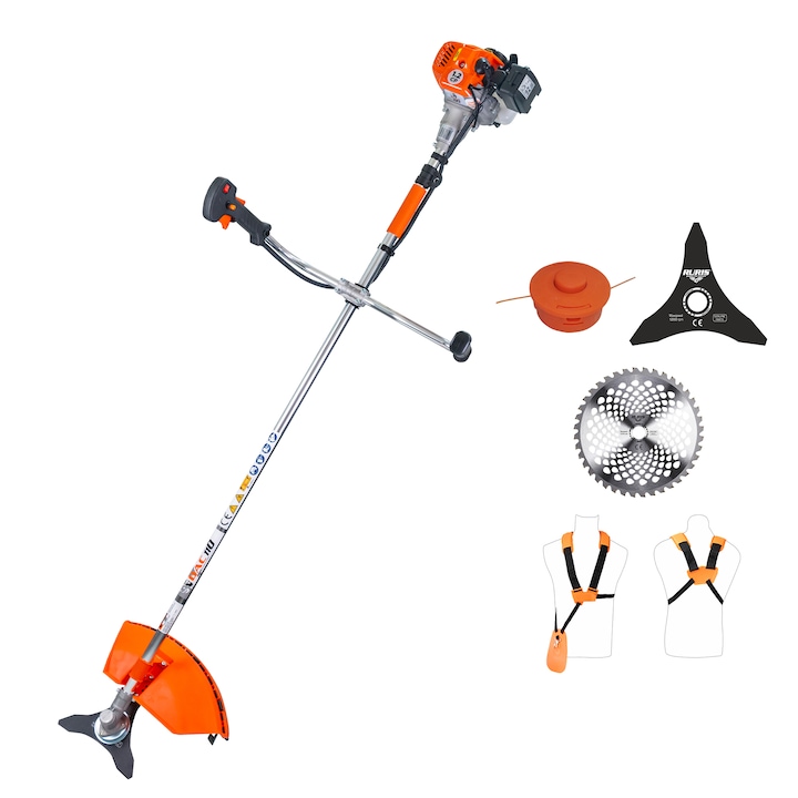 Ruris DAC 110 benzines fűkasza, teljesítmény 1,2 LE, 26 CC, Tez motor, 2 ütemű, vágási átmérő 21 cm, tartalma: damilfej + tárcsa, 3 pengés