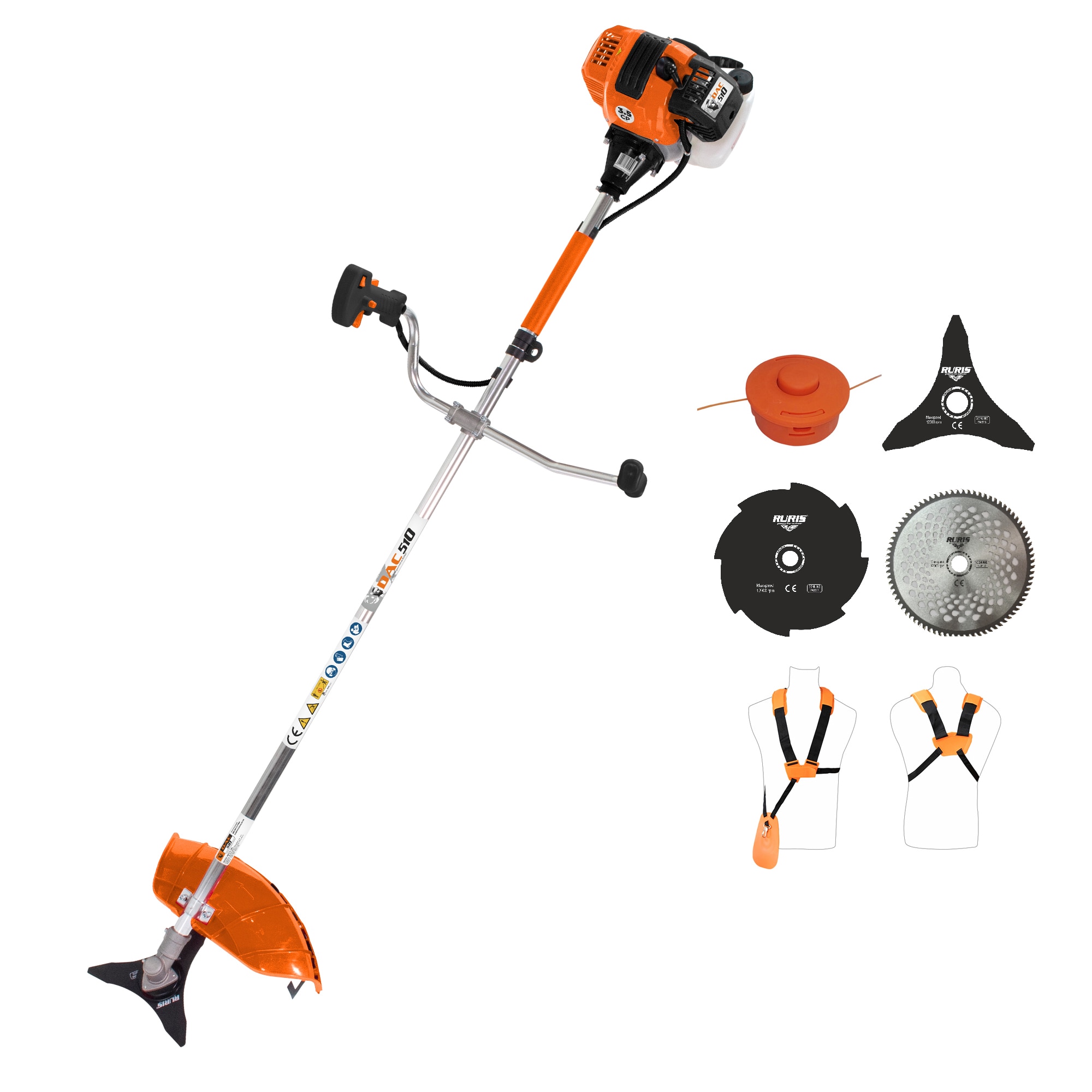 Motocoasa de tuns gazon/iarba pe benzina Ruris DAC 510, putere 3.5 CP, 62 CC, motor Tez, 2 timpi, diametru taiere 21 cm, contine: bobina fir + disc 3 lame + disc 8 dinti + disc 80