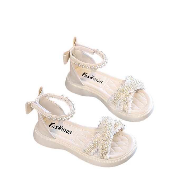 Sandale copii WOCANIUB, respirabile, antiderapante, cu paiete si fundita, alb, Alb