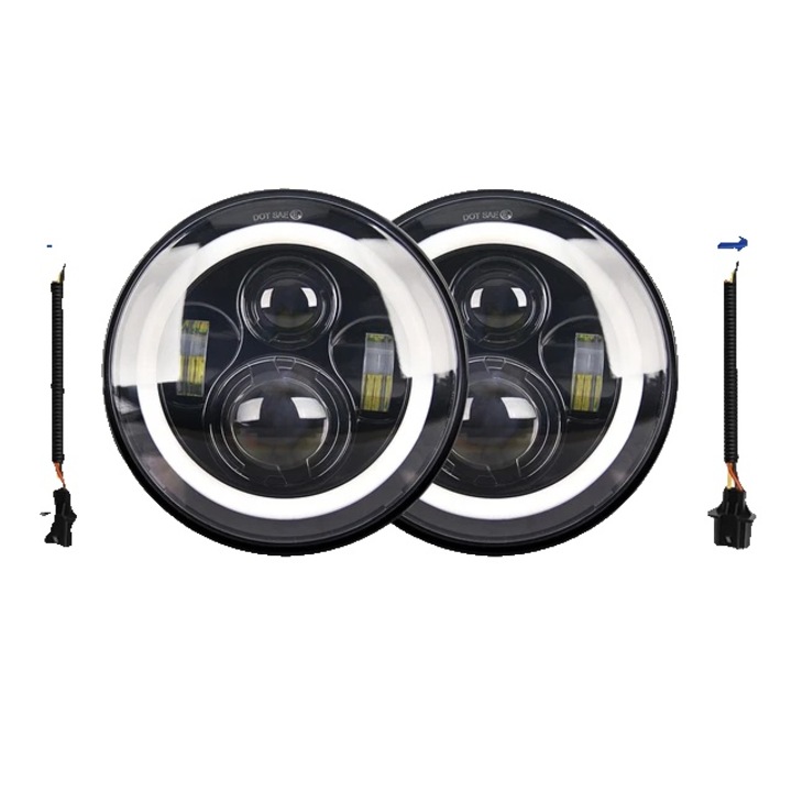 Set 2 Proiectoare LED, 80W, 6500K, Negru, 7 inch, Inel Angel Eyes Galben sau Alb