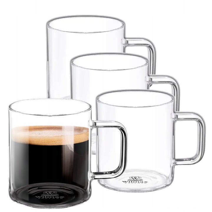 Комплект 4 термо чаши за кафе и чай, Wilmax England, стъкло, 250 ml, прозрачни