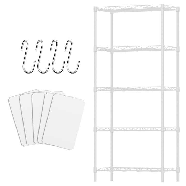 Uptyia moduláris polc, 5 szintes, akasztókkal és védelemmel, fehér, 54x29x150cm