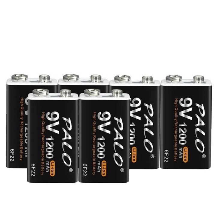 6 db lítium-ion újratölthető akkumulátor készlet, Palo, 1200 mAh, Micro USB 9V, fehér