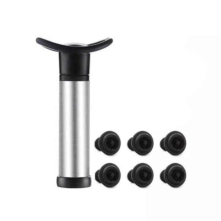 Set pompa vidare vin cu 6 dopuri, silicon, negru