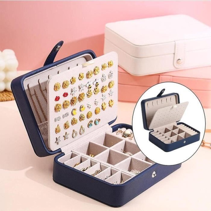 Cutie organizatoare bijuterii, Poliuretan, 16x11x5cm, Albastru