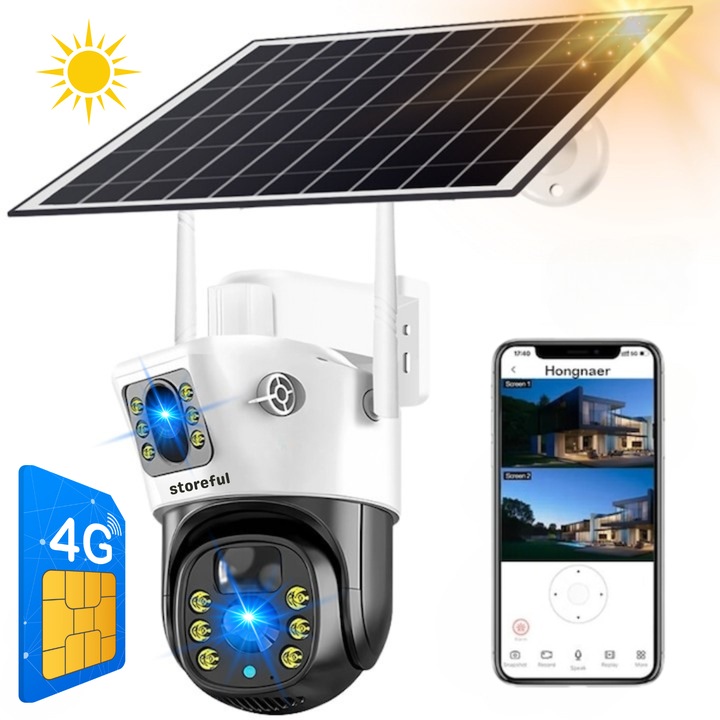 Camera Supraveghere duala, cu panou solar si cartela SIM, conexiune 4G, 4MP, zoom digital 10x FULL HD, panou solar 10W acumulatori 12000mah, intelligent tracking, PTZ, Micro SD, Rotire, Alarma miscare, doua zone, excelenta pentru locuri izolate, Exterior