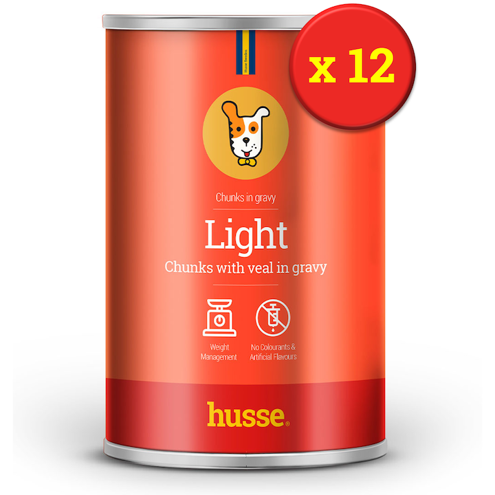 Hrana umeda completa HUSSE Kalv Light, cu bucati de Vitel in sos, la cuptor, 12 x 1275 g, pentru caini
