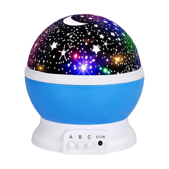Lampa de veghe copii YWX, proiectie luna/stea, rotire 360 grade, incarcare USB, Albastru