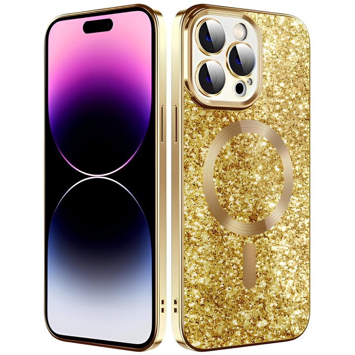 Husa Protectie cu Sclipici pentru iPhone 14 Pro Max, 2 in 1, Functie MagSafe, Design Compact, Logo Vizibil, Protectie Camera, Anti Amprente, Anti Socuri, Anti Zgarieturi, Auriu