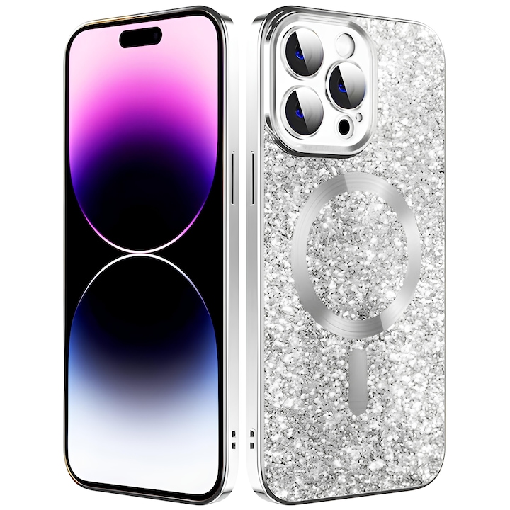 Husa Protectie cu Sclipici pentru iPhone 12, 2 in 1, Functie MagSafe, Design Compact, Logo Vizibil, Protectie Camera, Anti Amprente, Anti Socuri, Anti Zgarieturi, Argintiu