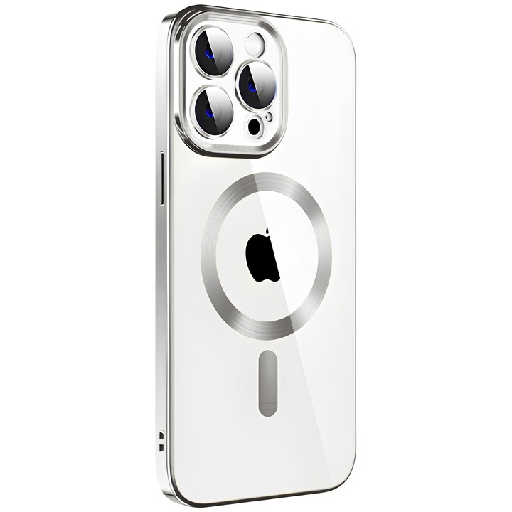 Husa Protectie pentru iPhone 14 Pro, Functie MagSafe, Design Compact, Logo Vizibil, Protectie Camera, Anti Amprente, Anti Socuri, Anti Zgarieturi, Argintiu