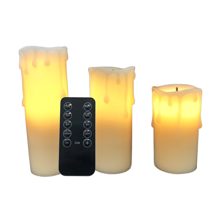 Set 3 Lumanari LED din ceara cu telecomanda, lumina calda si efect de flacara, timer si intensitate reglabila, 22cm
