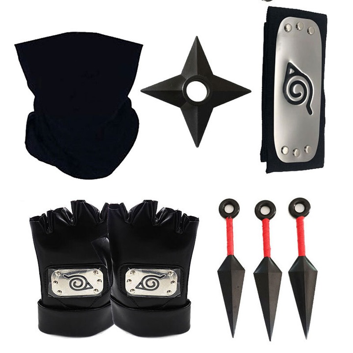 Set de costume de 7 piese Naruto Konoha, set, inclusiv masca, manusi, capcarf, sageti, kwanna, negru, universal, +3 ani