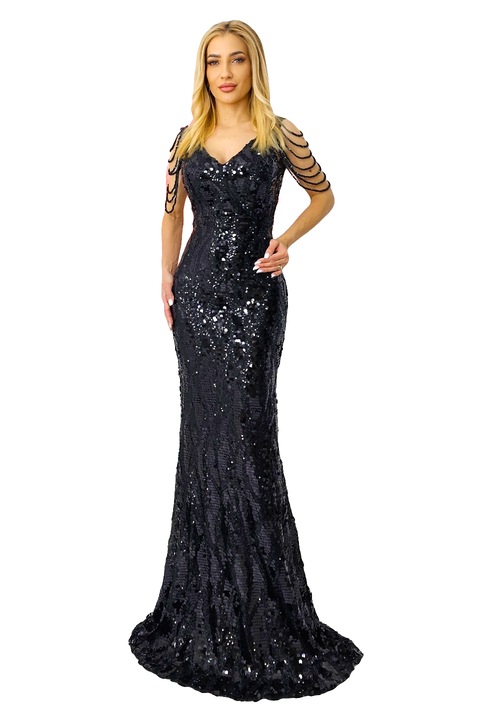 Величествена рокля за събитие, с пайети, кристали и кройка тип русалка, Черен