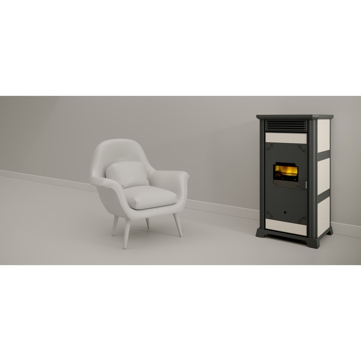 Termosemineu pe peleti SV 5S CLASSIC, 24 Kw, imbracaminte CERAMICA, se racorda la calorifere sau incalzire in pardoseala, aprindere automatica, display LCD, curatire automatica, echipat complet, Clasa energetica A+, produs UNGARO