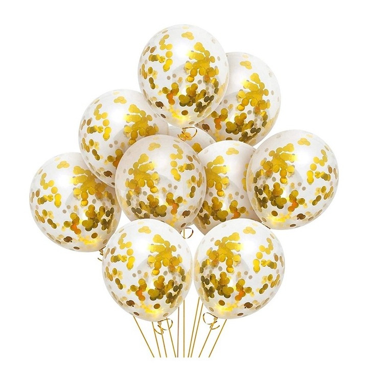 Set 12 baloane cu confetti, culoare auriu, 30 cm